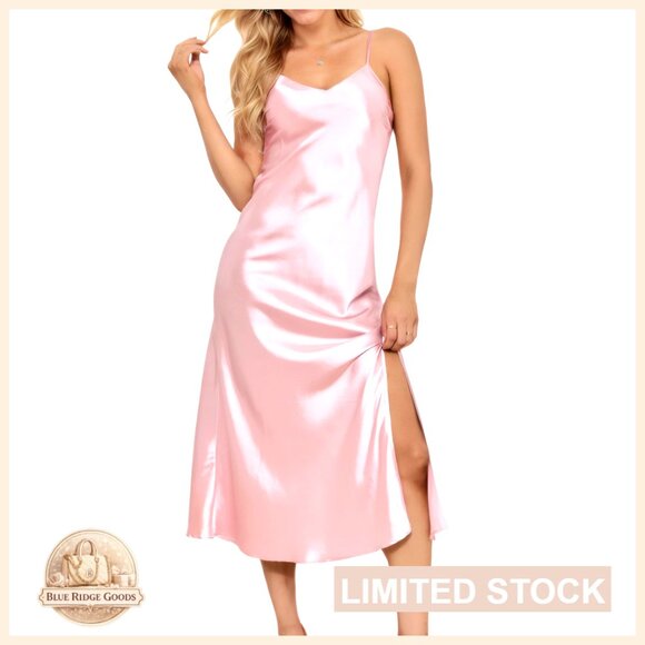 Long Satin Slip Dress Nightgown Adjustable Straps V Neck Midi
